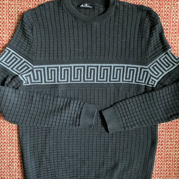 MEN'S MARIO CAVANI Black Knit Sweater with Gray Geometric Print Detail - NWOT - Picture 1 of 4